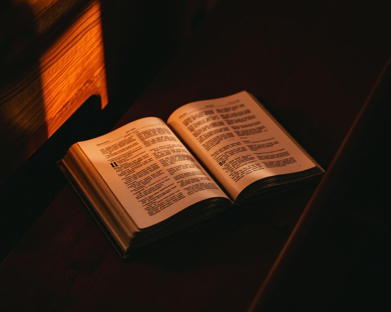 An open Bible lit by warm light